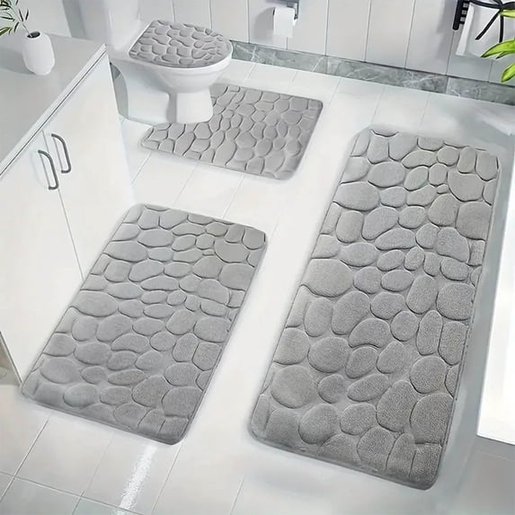 AuroraX Quick Dry Bath Rug Mat Set Of 4 Absorbent Gray Non-Slip Backing Memory 2 Pack Bathroom and Toilet Rug with Seat Cushion Machine Washable Bohemian Soft 19x31 Inch Embossed