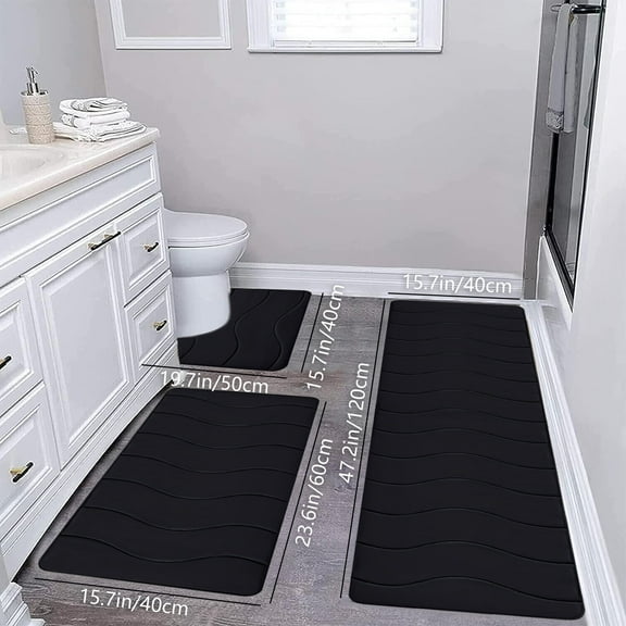 AuroraX Quick Dry Bath Rug Set Of 3 Black Thick Absorbent Non-Slip Backing 2 pcs Bathroom and Toilet Rug Machine Washable Minimalist Wave