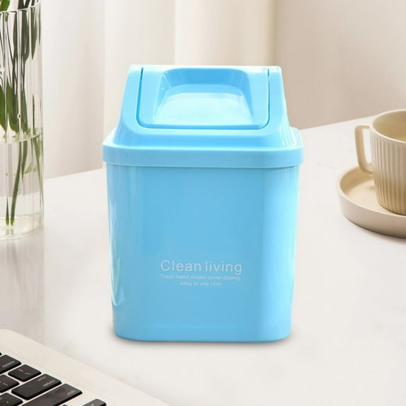 AuroraX Rectangle Mini Trash Can with Swing Lid Cute Sky Blue Stylish 1.5L Wastebaskets Easy-To-Clean Art Deco Plastic Trash Bin for Desk Office Vanity