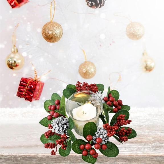 AuroraX Red Christmas Faux Red Berry Candle Ring Wreath Artificial Holiday Votive Holder Accent Valentines Day Festive Tabletop Ornament Decor