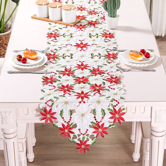 AuroraX Red Christmas Table Runner 72 Inches Long Embroidered Lace Christmas Table Runner with Pointed Ends Xmas Art Deco Winter Dining Merry Table Runner Decoration for Home Party