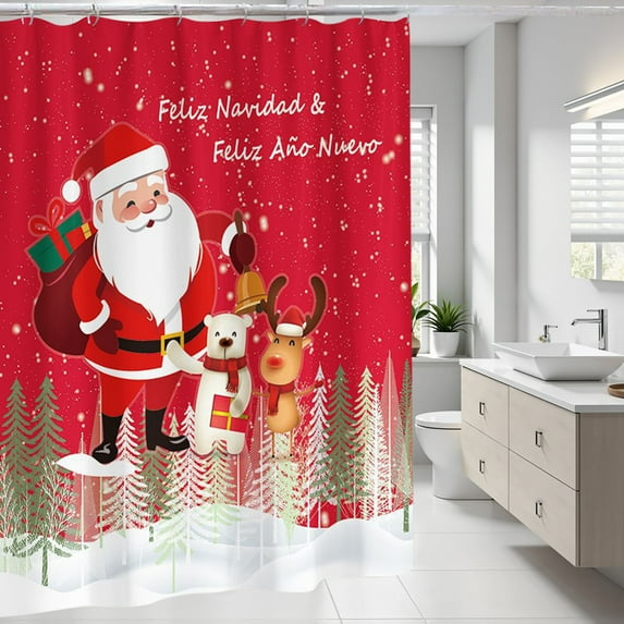 AuroraX Red Shower Curtain,72x72 Inch Christmas Winter Waffle Weave Bathroom Curtain,Bathroom Farmhouse Christmas Home Decoration