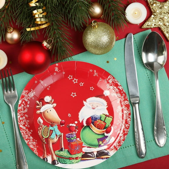 AuroraX Round Christmas Paper Plates Red Compostable 9/7 Inch Disposable Plates Bagasse Microwave-Safe 10 Pcs Waterproof Painted Santa Claus Patterns Home,Party