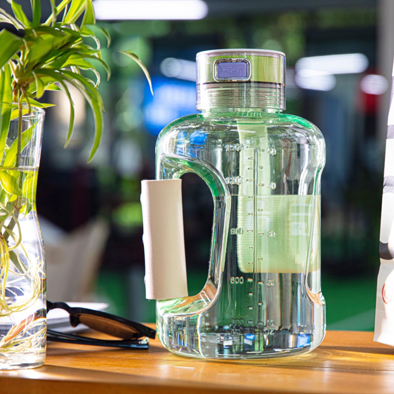 AuroraX Running Water Bottle Set of 3 Clear Water Bottles with Time Marker and Handle,Plastic Sport Large 40 oz Water Bottles,Water Cup Green