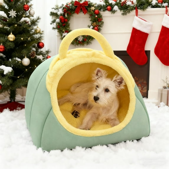 AuroraX Self Warming Cat Dog Bed with Handle Cute Cave Covered Warm Cat Bed Anti-Slip Washable Soft Plush Cozy House for Indoor Cats Kittens and Small Dogs(Green)
