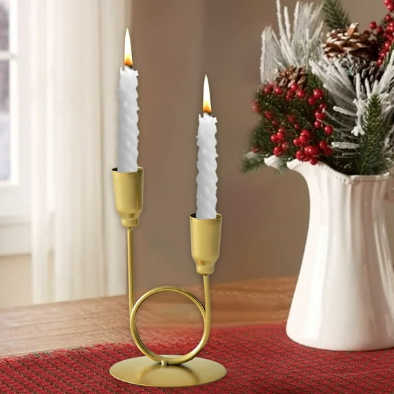 AuroraX Short Taper Candle Holder Metal Gold Modern O Shape Double Candlestick Holders Romantic Decorative Vintage Rustic Elegant Candle Stand Valentines Day Table Centerpieces Dining Wedding Decor