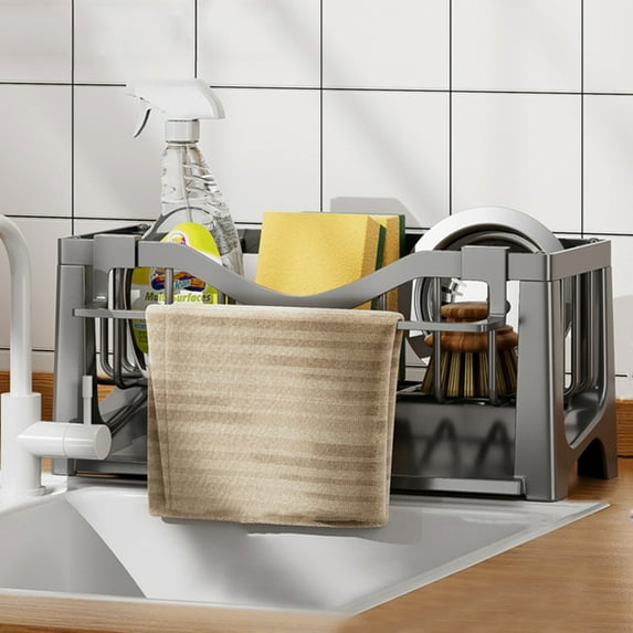 AuroraX Sink Caddy,Kitchen Plastic Sink Organizer,Rustproof Self-draining Countertop Storage with Dish Cloth Holder,Bathroom Kitchen Gray Essentials