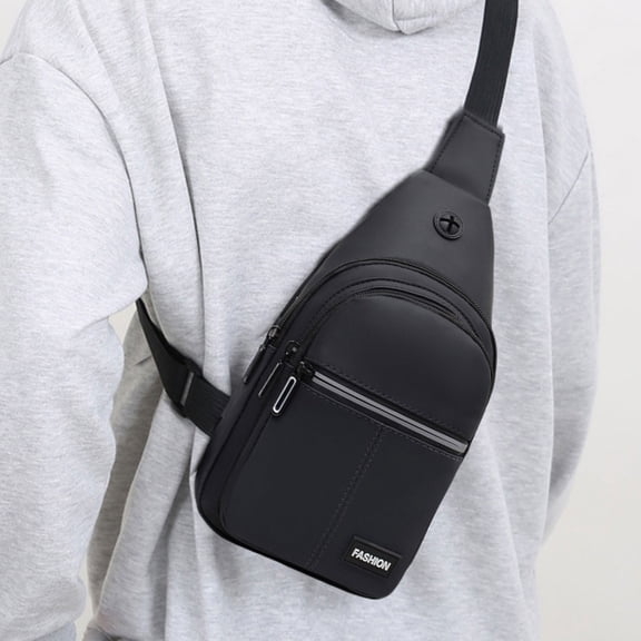 AuroraX Sling Bag,Black Shoulder Backpack for Personal Item,Outdoor Travel Unisex Earphone Hole Daypack