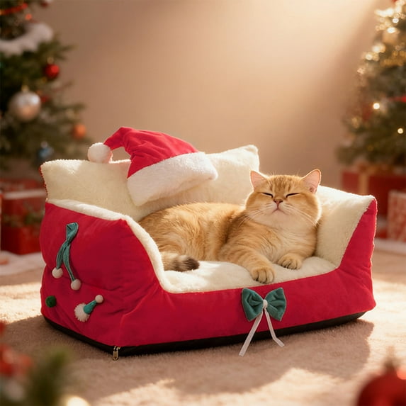 AuroraX Small Cat Bed Cute Self Warming Warm Christmas Cat Bed Warm Cozy Soft Anti-Slip Plush House for Indoor Cats Kittens and Small Dogs(Red)