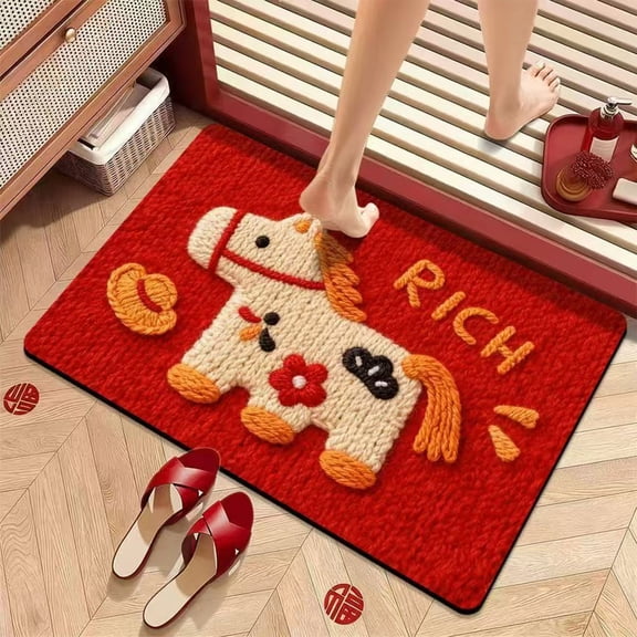 AuroraX Small Linen Bathroom Rugs 16" x 24" Soft Red Absorbent Washable Cute Rich Horse Bath Mat Quick Dry Non Slip Year Of The Horse Farmhouse Bath Rug for Entrance Bedroom Front Door