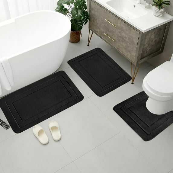 AuroraX Soft Bath Mug Rug Set Of 3 Absorbent Quick Dry Non-Slip Backing Black 2 pcs Bathroom Mat and Toilet Rug Machine Washable Minimalist Greek Key