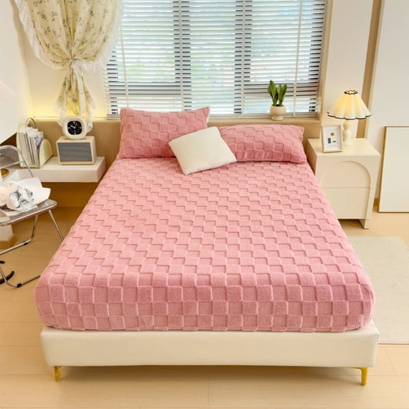 AuroraX Soft Mattress Pad Queen Checkerboard Tufted Fuzzy Fleece Fitted Mattress Protectors Machine Washable Deep Pocket Comfort Breathable Bed Cover for Bedroom Dorm,Pink