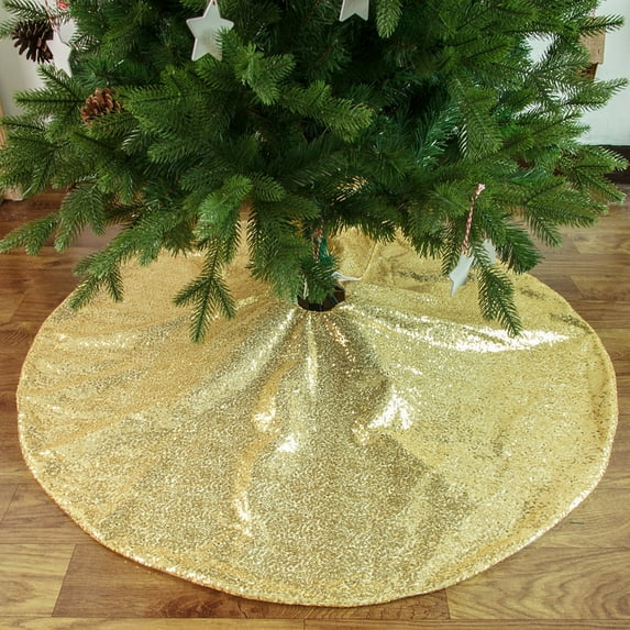 AuroraX Soft Sequin Christmas Tree Skirts Classic Merry Gold Solid Classic Xmas Tree Mat Base Cover 35" Ornaments for Xmas Holiday Part Home Indoor Outdoor Decorations