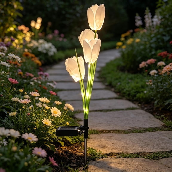 AuroraX Solar Outdoor Stake Lights Artificial Flower Waterproof Inground Solar Pathway Lights Landscape Inground Gifts for Mom Women Grandma White