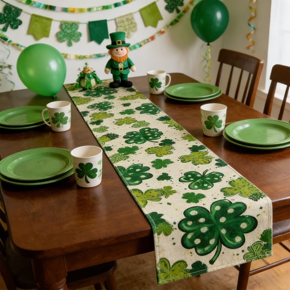 AuroraX St. Patrick's Day Lucky Shamrock Burlap Table Runner 13 x 47 Inch Green Everything Table Runner Four-Leaf Clover Spring Home Decoration for Indoor & Outdoor Party