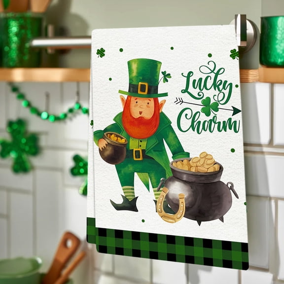 AuroraX St. Patrick's Day Plaid Lucky Shamrock Leprechaun Microfiber Kitchen Towels 26x18 Inch Green Everything Hand Towels Four-Leaf Clover Spring Home Decoration for Indoor & Outdoor Party