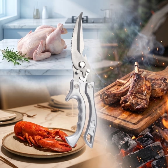 AuroraX Stainless Steel Chicken Shears Bone Cutting Scissors Multi-function Heavy-duty Ergonomic Sharp Automatic Poultry Shears Silver