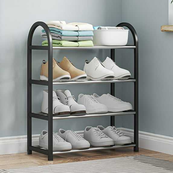 AuroraX Stainless Steel Shoe Rack Metal Small Black 4 Tier Shoe Rack Organizer Vertical Space-Saving Free Standing Sturdy Corner Shoe Storage Organizer for Closet,Entryway,Door