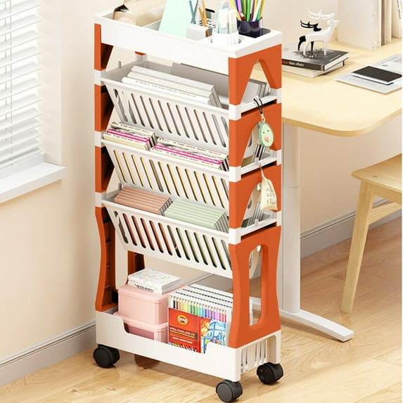AuroraX Storage Carts On Wheels 5-Tier, Books Organization And Storage 360°Mute Movable, Multi-Purpose, Utility Carts With Wheels -Orange