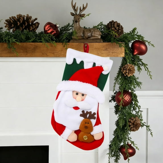 AuroraX Stylish Plush Christmas Stocking Cute Knitted Embroidered Stockings with Embroidered Santa Reindeer and Snowman 18" Large Candy Bag for Hanging Gifts Decor(White)