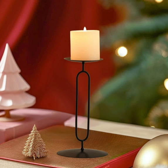AuroraX Tall Pillar Candle Holder Metal Black Modern O Shape Double Candlestick Holders Rustic Decorative Vintage Romantic Elegant Candle Stand Valentines Day Table Centerpieces Dining Wedding Decor