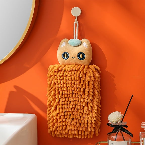 AuroraX Terry Cloth Cute Cat Chenille Hand Towel Dish Towels Reusable Cleaning Holiday Decorative Soft Quick Drying Hanging Cloth for Dish Rags Drying Dishes and Bathroom(Orange)