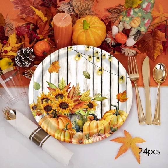 AuroraX Thanksgiving Paper Plates Disposable 9 Inch Compostable Fall Dinner Plates Microwave-Safe 24 Pcs Bagasse Sunflower Pumpkin