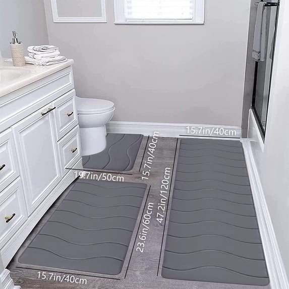 AuroraX Thick Bath Rug Set Of 3 Dark Gray Absorbent Quick Dry Non-Slip Backing 2 pcs Bathroom and Toilet Rug Minimalist Machine Washable Wave