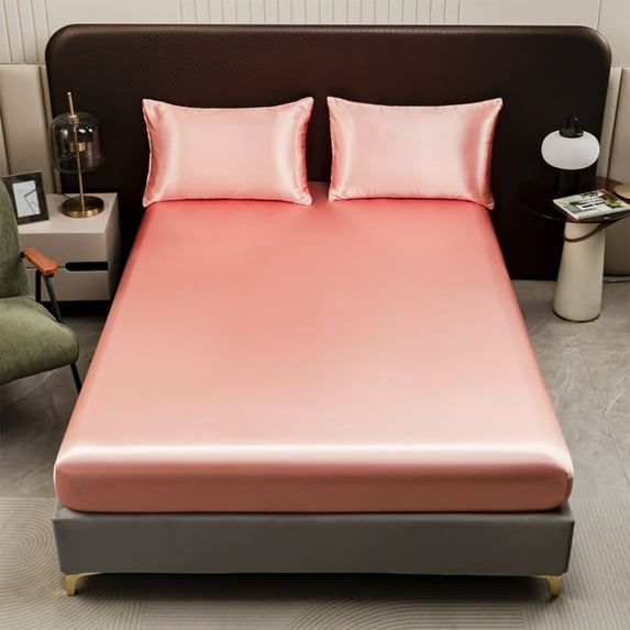 AuroraX Twin-XL Size Bed Sheets Silk Pink Single Bed Sheet,Cooling Deep Waterproof Fitted Sheets for Summer Residential Bedroom Sold-Separately