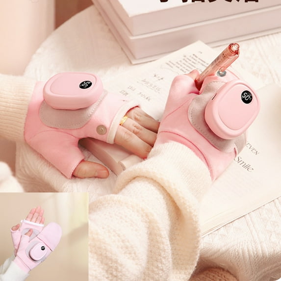 AuroraX Usb Heated Fingerless Gloves with Digital Display Convertible Pink Warm Rechargeable Winter Gloves Cold Weather Soft Mittens for Women