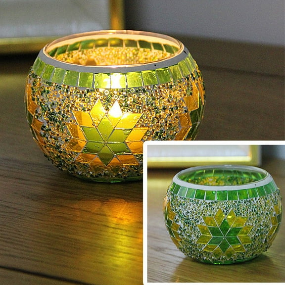 AuroraX Valentine'S Day Bowl Votive Candle Holder Green Colored Mosaic Glass Candle Holders Romantic Decorative Vintage Rustic Tealight Cup Stand Gifts for Table Centerpieces Dining Wedding Decor