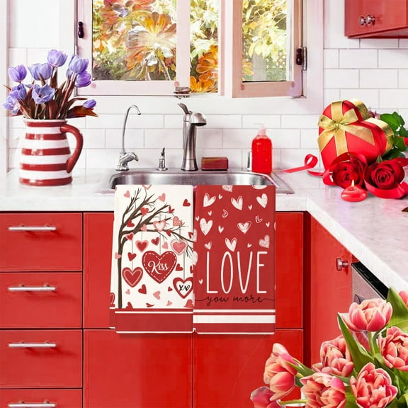 AuroraX Valentine'S Day Kitchen Hand Towels Absorbent Microfiber Heart Print Dish Towels Quick Drying Soft Decorative Holiday Reusable Cleaning Dish Cloths for Dish Rags Drying Dishes(24x16 Inch)