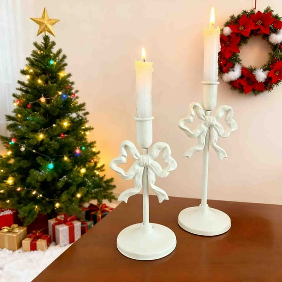 AuroraX Valentine'S Day Tall Bow Taper Candle Holder White Metal Candlestick Holders Decorative Rustic Vintage Elegant Romantic Candle Stand Valentines Day Table Centerpieces Dining Wedding Decor