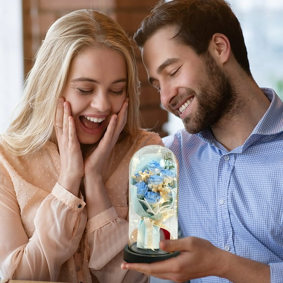 AuroraX Valentines Day Cloche Glass Dome with forever Roses Flower Bouquet Blue Glass Cloche Bell Jar Display with Light Love Decorations for Home Party Anniversary Valentine'S Day Gifts for Him Her
