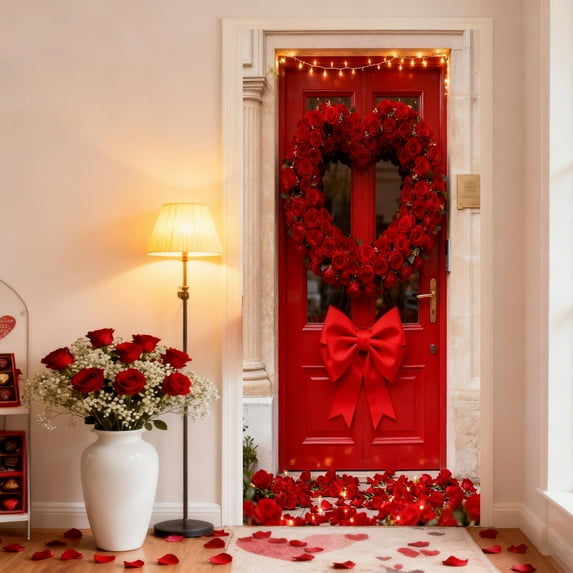 AuroraX Valentines Day Door Cover 35 x 71 Inch Red Roses Wreath Door Cover Decorative Love Romantic Door Banner Decorations for Home Party Anniversary Indoor Outdoor Valentine'S Day Gifts for Couple