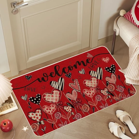 AuroraX Valentines Day Heart Doormat, Seasonal Non-Slip Absorbent Bath Mat, Cute Entryway Rug, Multi-Use Floor Mat for Kitchen, Laundry, Living Room,16x24 Inch (Red)