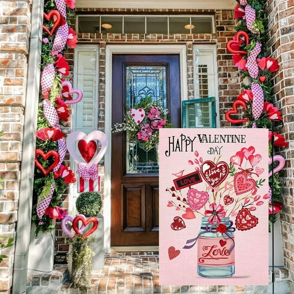 AuroraX Valentines Day Red Heart Love Bow Garden Flag 12 X 18 Inch Double Sided Linen Weatherproof Outdoor Yard Decor Seasonal Home Flag Banner for Patio Porch Rustic Holiday Decoration