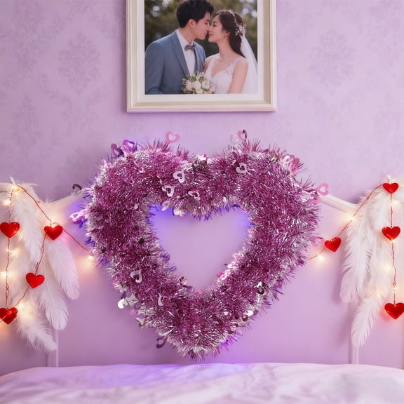 AuroraX Valentines Day Tinsel Wreath 12 Inch Pink Wall Hanging Pre-Lit Heart Wreath Love Romantic Door Cover Decorations for Home Party Anniversary Indoor Outdoor Valentine'S Day Gifts for Couple