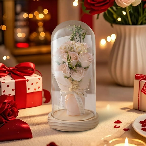AuroraX Valentines Decoration Indoor Artificial Flowers,Pink Preserved Roses with String Lights,Wedding Valentines Mothers Day Holiday Gifts for Women