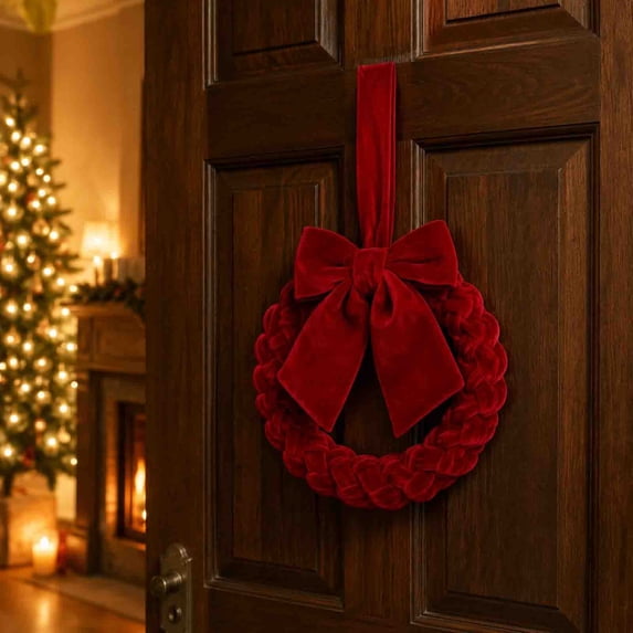 AuroraX Velvet Bow Christmas Wreath Christmas Front Door Wreath Hanging Cute Farmhouse Traditional Holiday Decoration Red