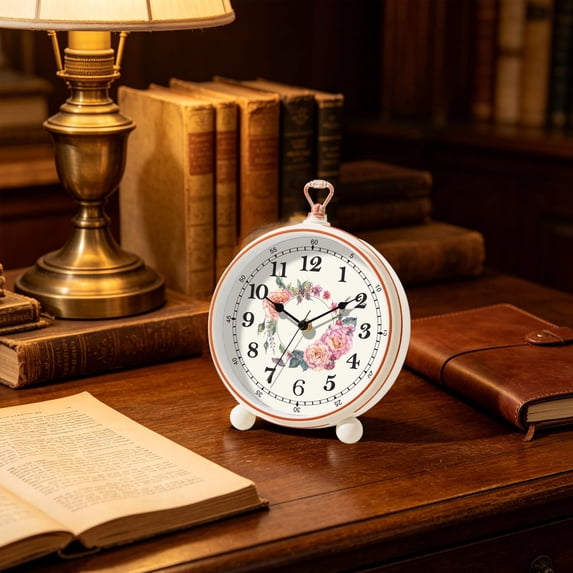 AuroraX Vintage Floral Alarm Clock Silent Non Ticking Desk Clock Retro Decorative Battery Operated Easy to Read Small Bedroom Clock with Handle
