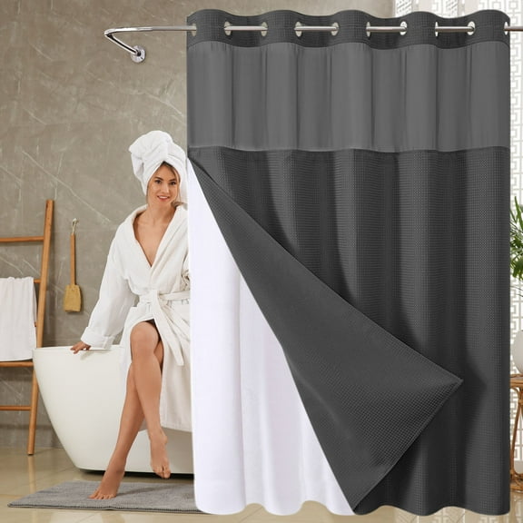 AuroraX Waffle Extra Long Shower Curtains 72" x 80" Built-In Liner Bath Curtain Thickened Mildew Resistant Boho Waterproof Abstract Neutral Bathtub Cortinas for Bathroom Decor