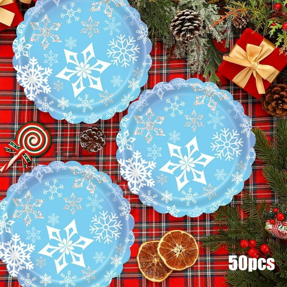AuroraX White Christmas Paper Plates Bulk Small Merry 6 Inch 50 Pcs Christmas Paper Plates Natural Microwave-Safe Eco-Friendly Snowflakes Disposable Party Plates for Guests Family Gatherings