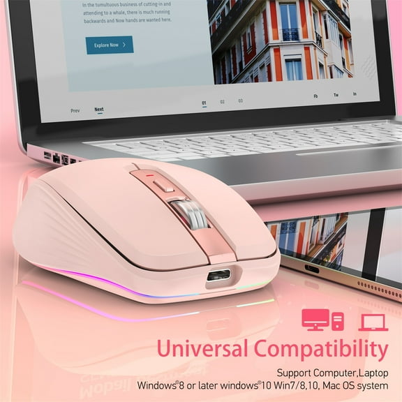 AuroraX Wireless Mouse for Laptop Computer Gaming Mouse Adjustable DPI Silent Click Pink Rechargeable Bluetooth 5.1 Computer Accessories for Desk