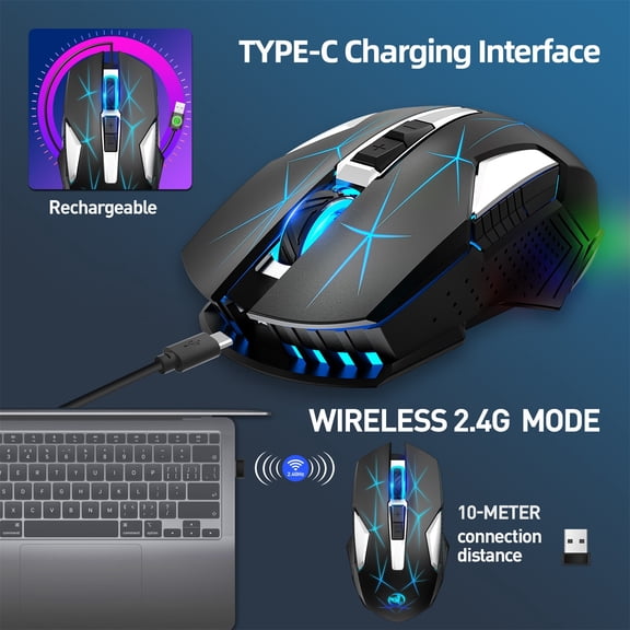 AuroraX Wireless Mouse for Laptop Computer Gaming Mouse Ergonomic 2.4G Technology Black Adjustable DPI Rechargeable Computer Mice