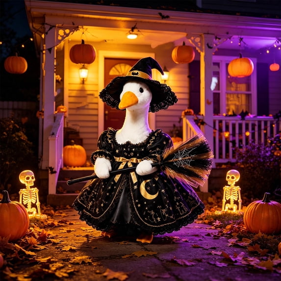 AuroraX Witch Dress with Broomstick Hat 23 inch Porch Goose Halloween Outfit Autumn , 17-19 inch Porch Goose Clothes Sets Halloween Decorations Outdoor Gothic Decor Accessories