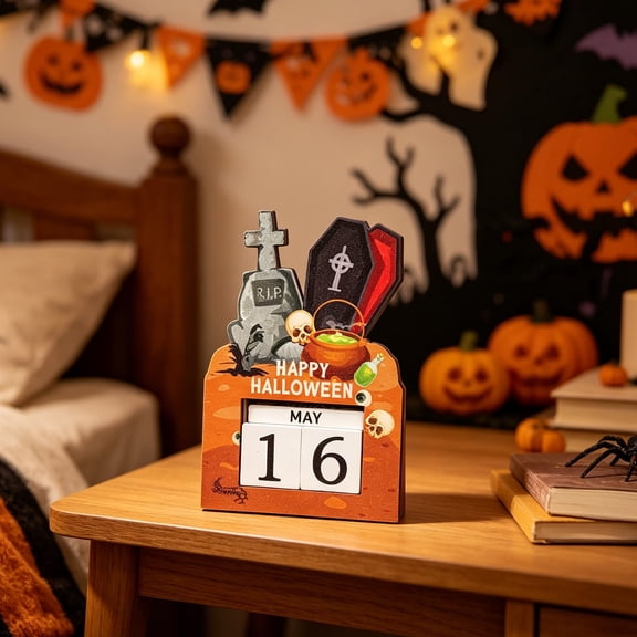 AuroraX Wooden Halloween Countdown Calendar Reusable Month Date Block Decor Adjustable Farmhouse Spooky Halloween Tabletop Ornament