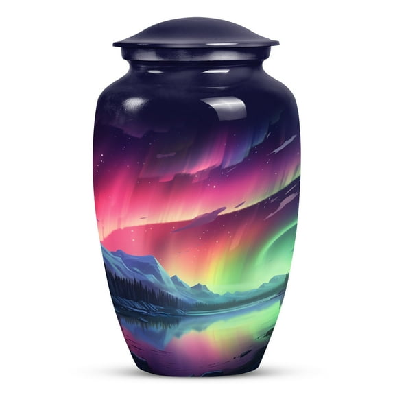 Auroral Splendor Over Peaceful Mountain Waters - Cremation Urns For Human Ashes - Garden of Memories Urn - Outdoor Safe Cremation Vessel - Decorative Ash Keeper - 10 Inch