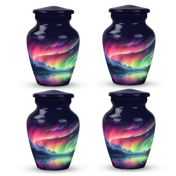 Auroral Splendor Over Peaceful Mountain Waters - Human Remains Urn - Garden of Memories Urn - Outdoor Safe Cremation Vessel - Decorative Ash Keeper - 3 Inch, Set Of 4