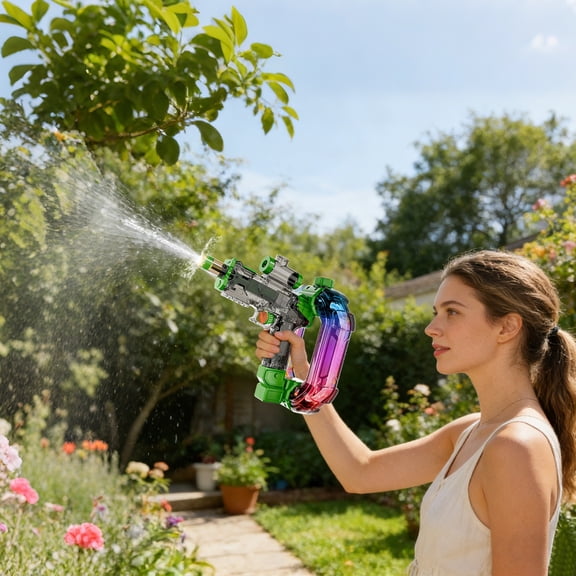 Auroras Ice Blast Water Blaster, Automatic Continuous Pulse Water Sprayer with Colorful LED Lights and Sound Effects, Rechargeable Outdoor Summer Water Gun for Pool Beach, Green